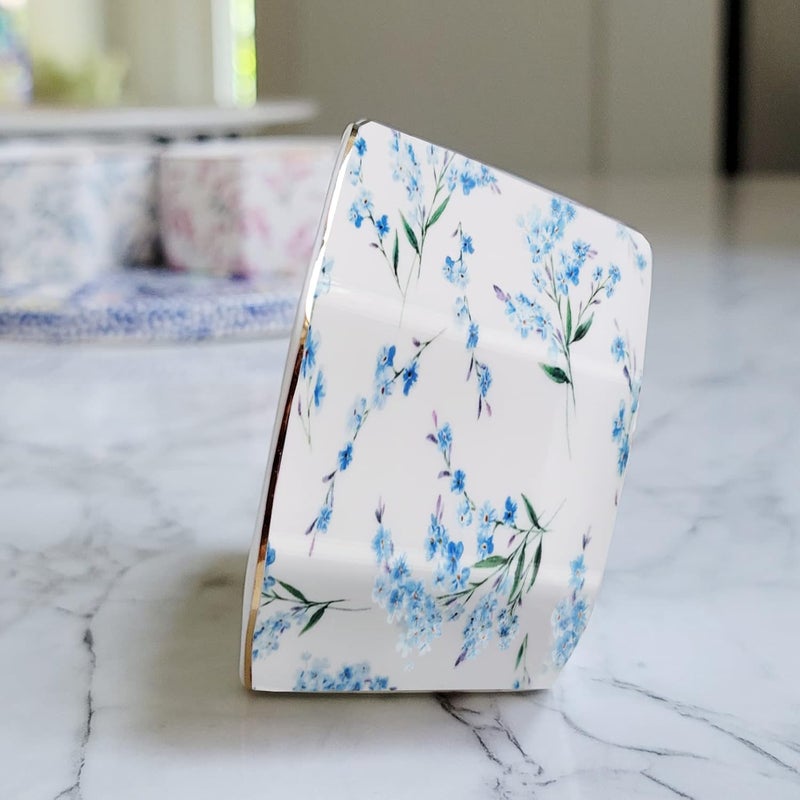 LEAZUL Ceramic Paper Clip Holder With Gold Line Geometric Floral Paper Clip Dispenser for Desk Cute Paper Clip Organizer Office Binder Clip Holder Gift for Office Blue Flowers - Image 2